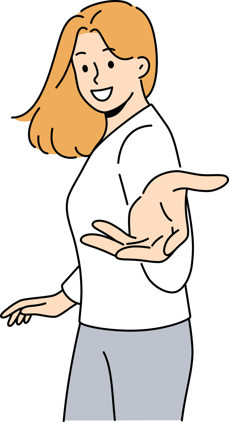 Smiling woman stretch hand inviting someone